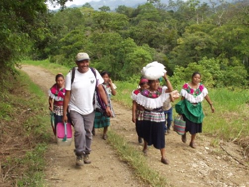 People walking along a dirt road